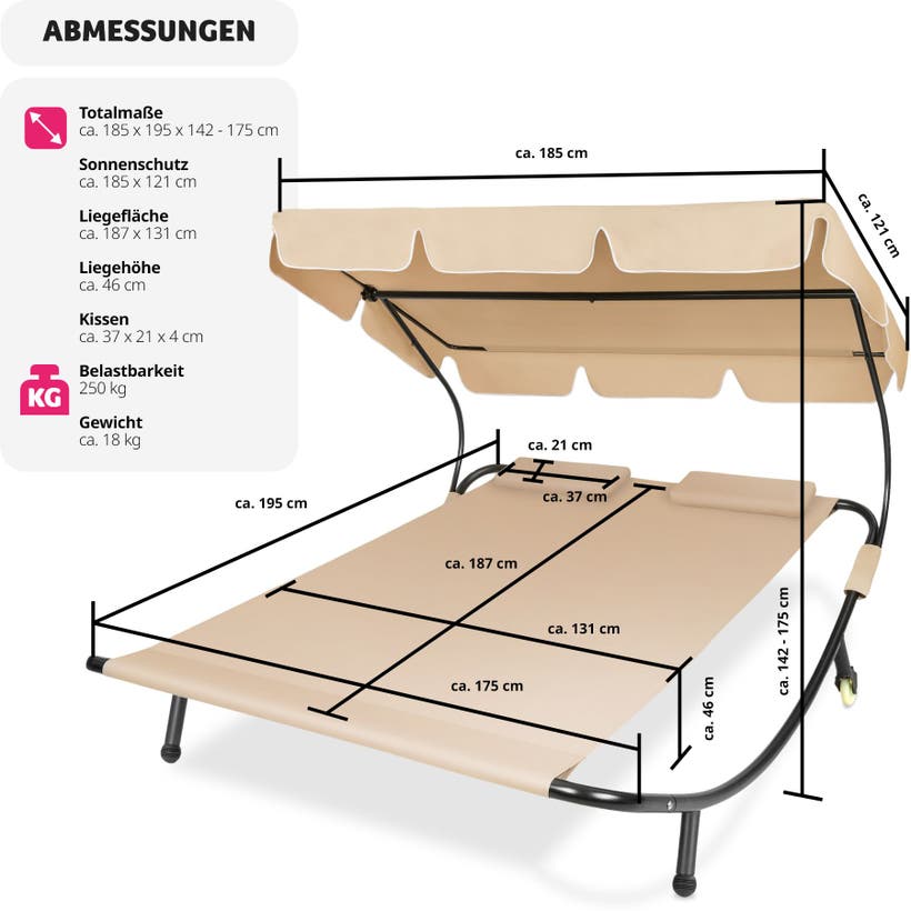 Gartenliege Livorno schwarz/beige
für 2 Personen, stufenlos verstellbares Sonnendach, 215 x 183 x 150 cm