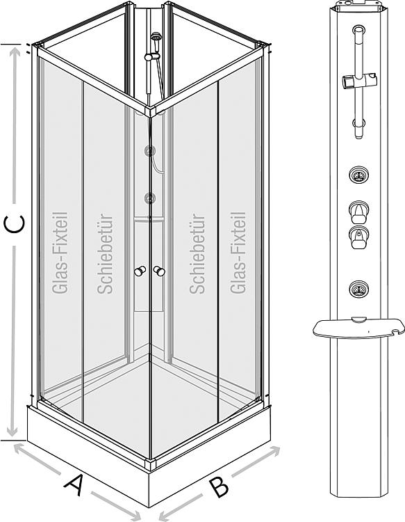 Komplettdusche Basic 900x900x2110 mm Thermostatmischer + Hand-/Seitenbrause