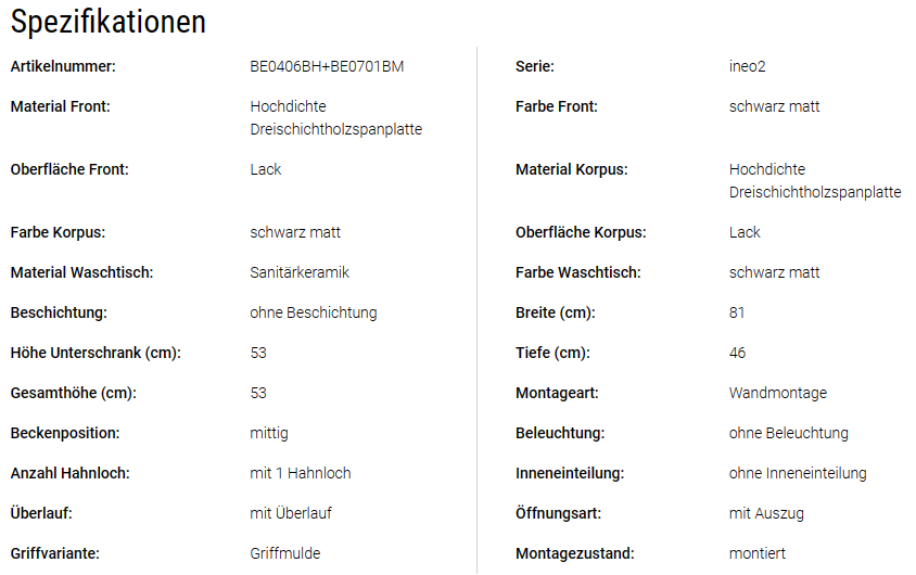 evineo ineo2 Waschtischunterschrank B: 81 cm, 2 Auszüge, mit Griffmulde, Waschtisch schwarz matt, Unterschrank schwarz matt