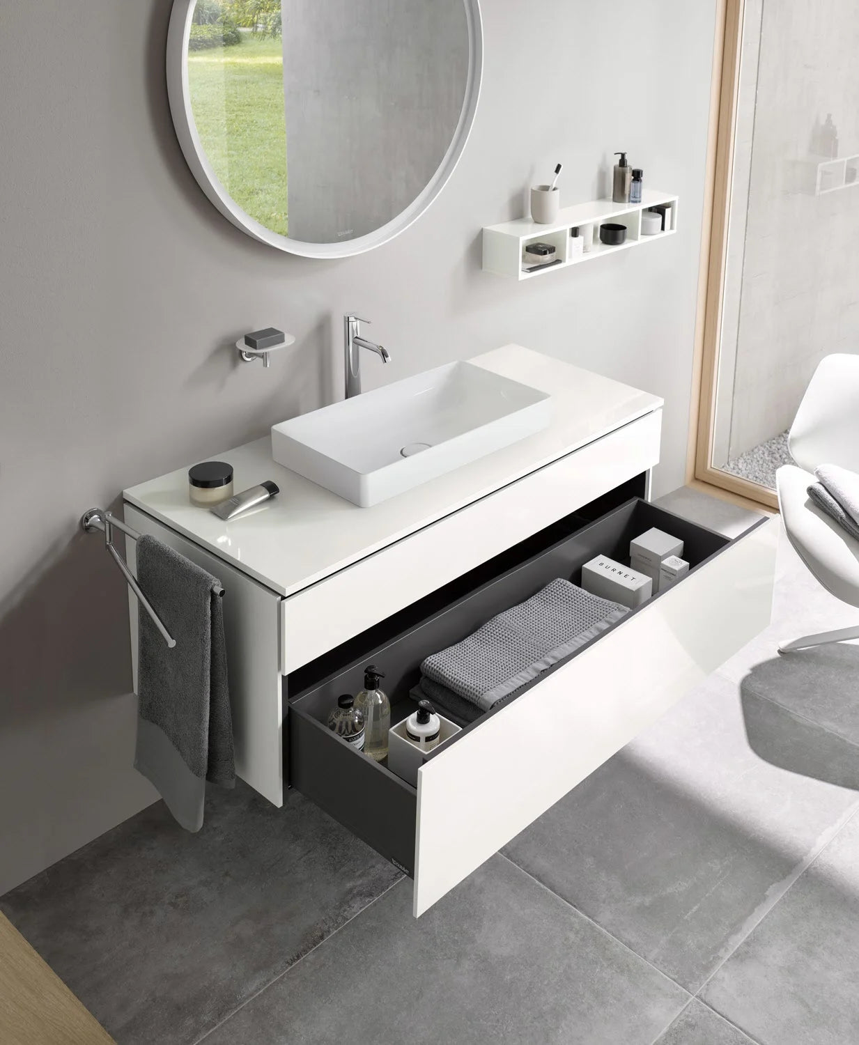 Duravit DuraSquare Aufsatzbecken mit L-Cube Konsolenwaschtischunterbau mit 2 Auszügen, 122 x 55 cm, für Waschtisch mittig