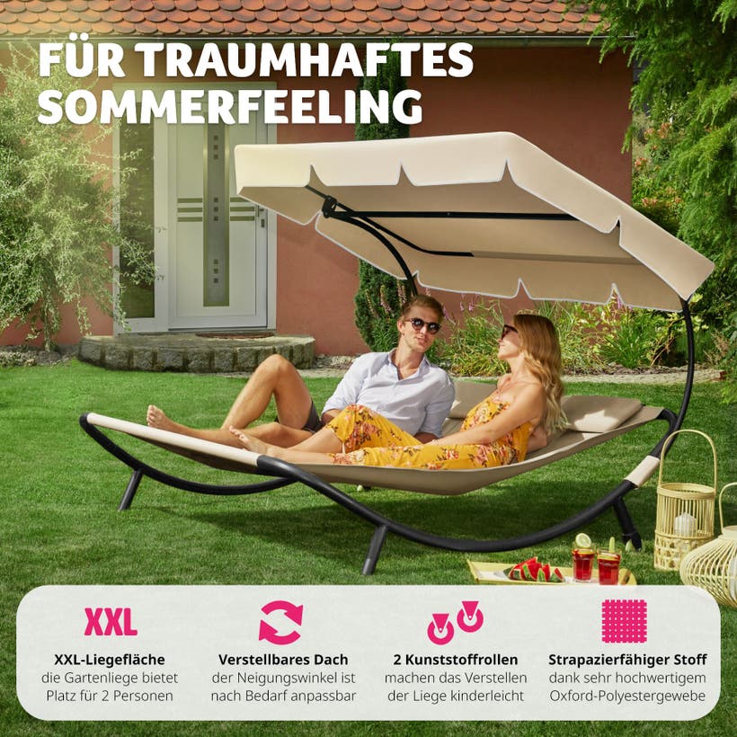 Gartenliege Livorno schwarz/beige
für 2 Personen, stufenlos verstellbares Sonnendach, 215 x 183 x 150 cm