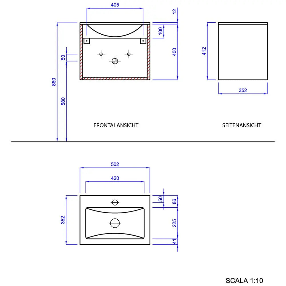 progettobagno Enea 50 Gästewaschtischkombination mit Glaswaschtisch 50 cm, Türanschlag links