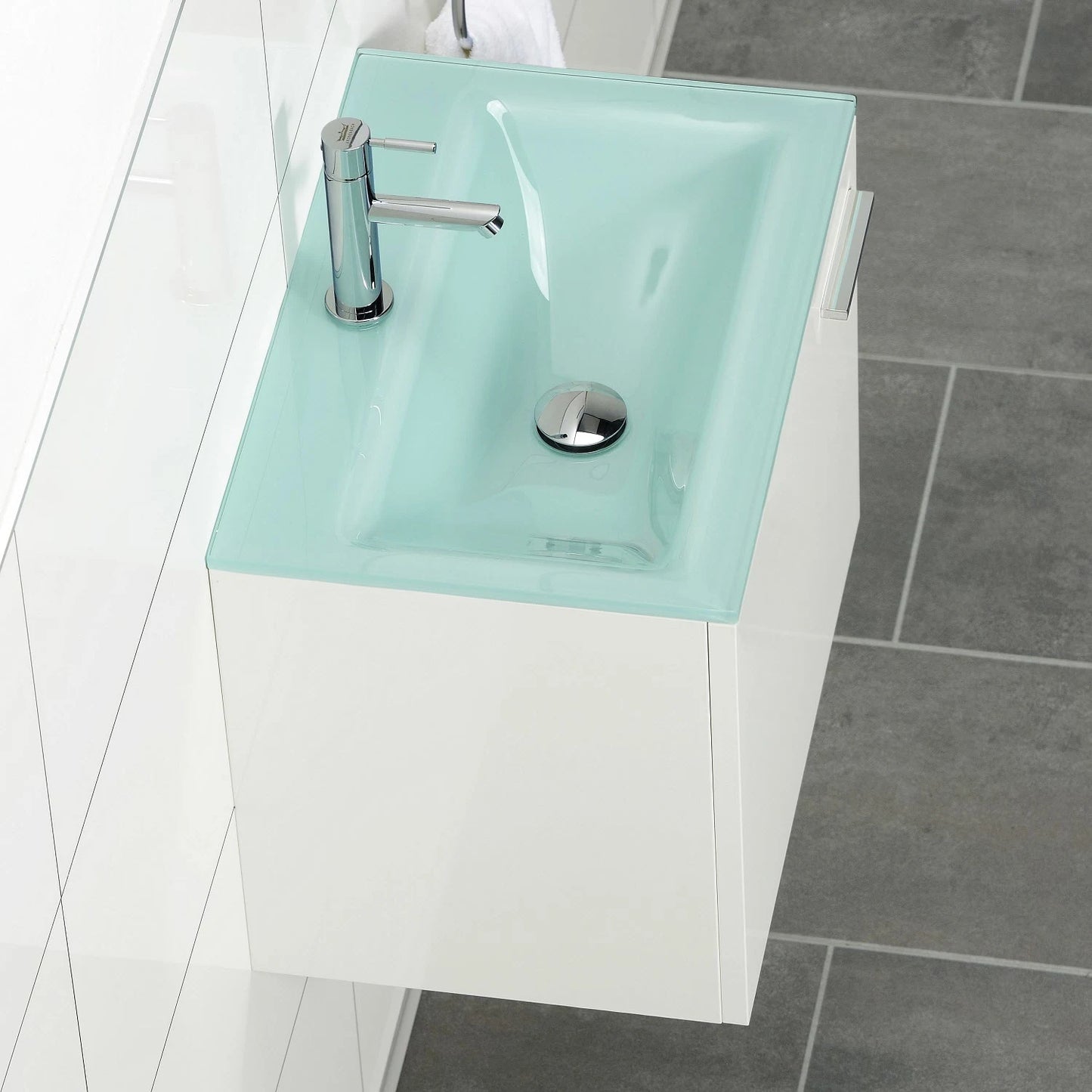 progettobagno Enea 50 Gästewaschtischkombination mit Glaswaschtisch 50 cm, Türanschlag links