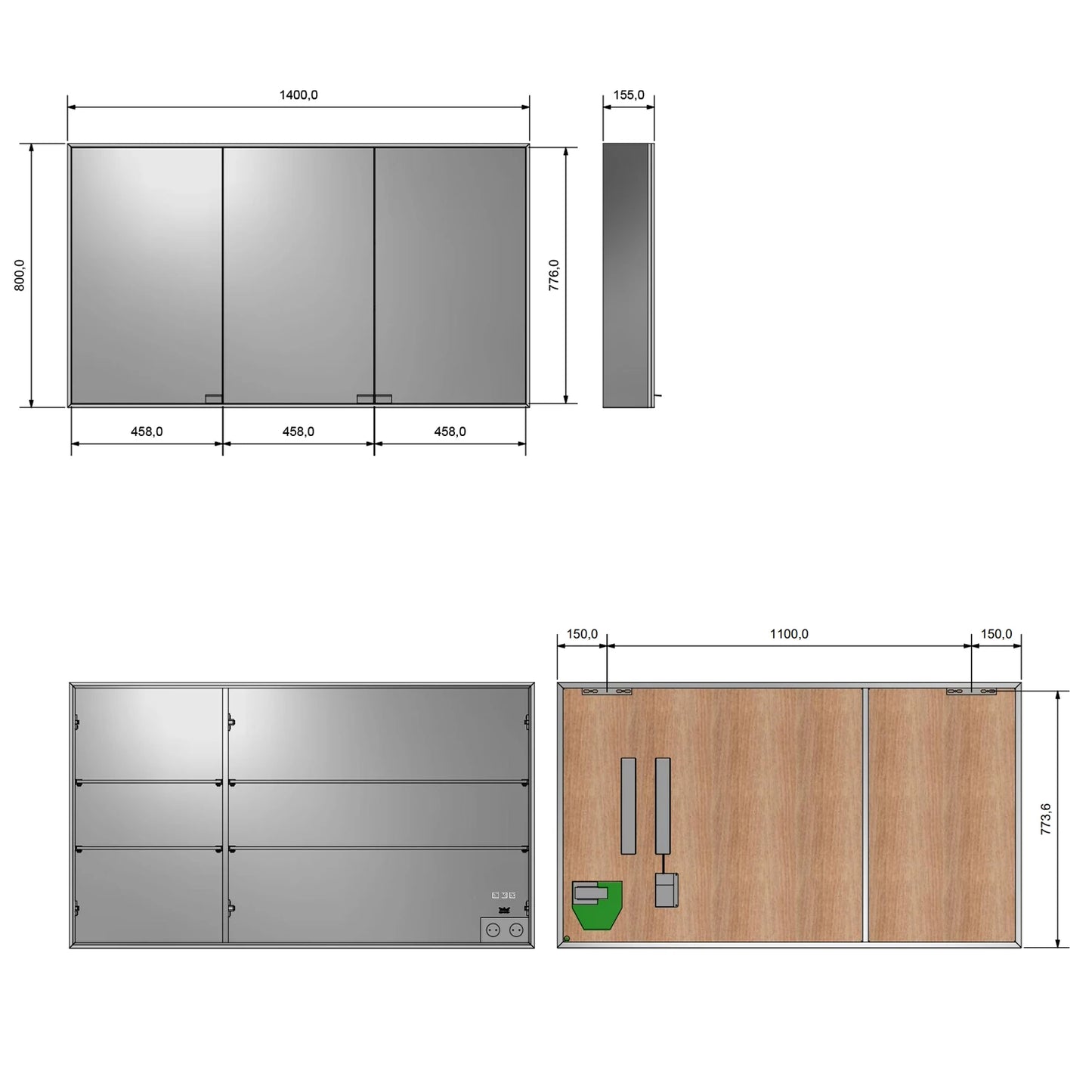 Kronenbach Cube Spiegelschrank 140 x 80 cm mit umlaufender LED-Beleuchtung, Aufputz