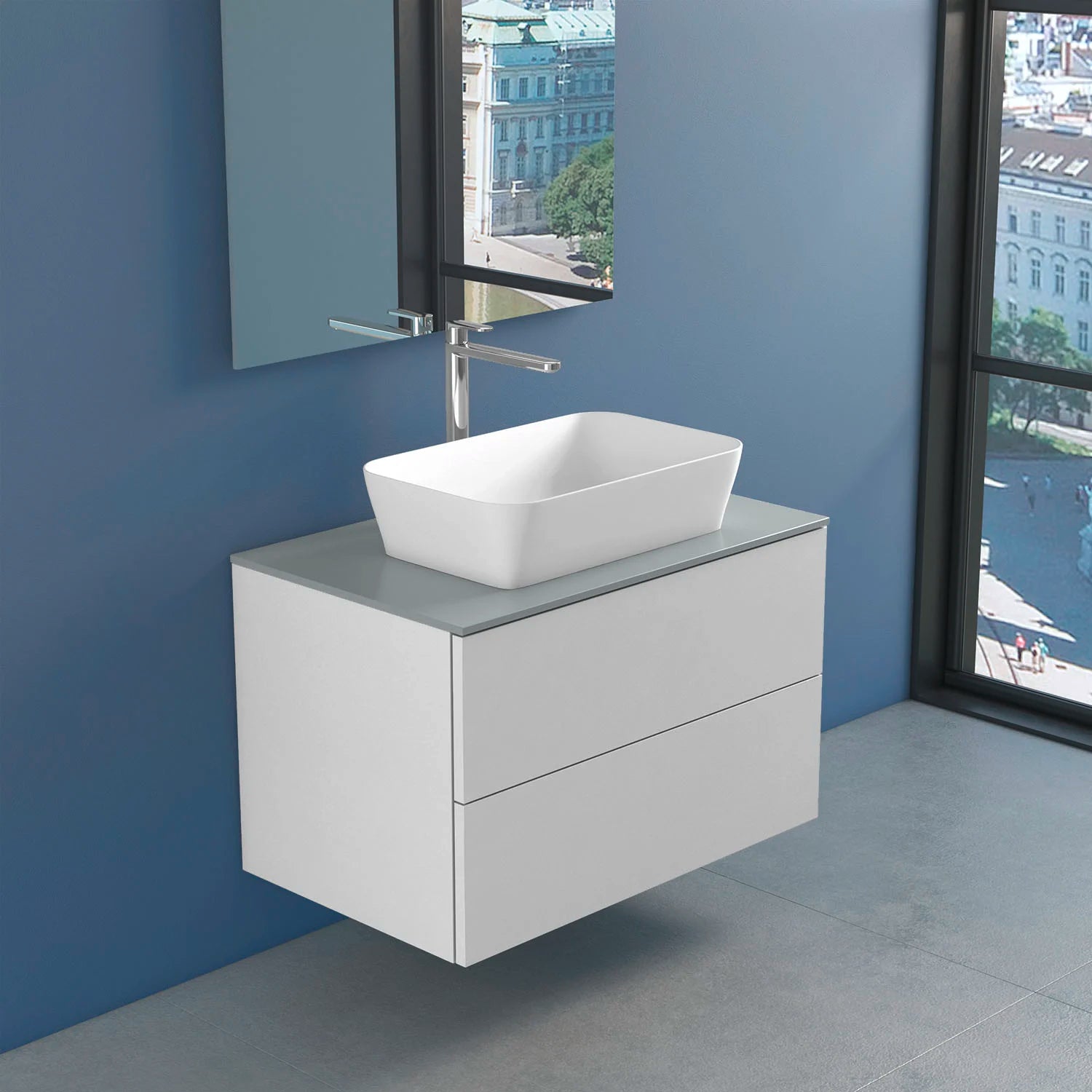 progettobagno Elba Unterschrank 80 cm mit Glasplatte ohne Hahnlochbohrung und FLY 56 Aufsatzwaschtisch