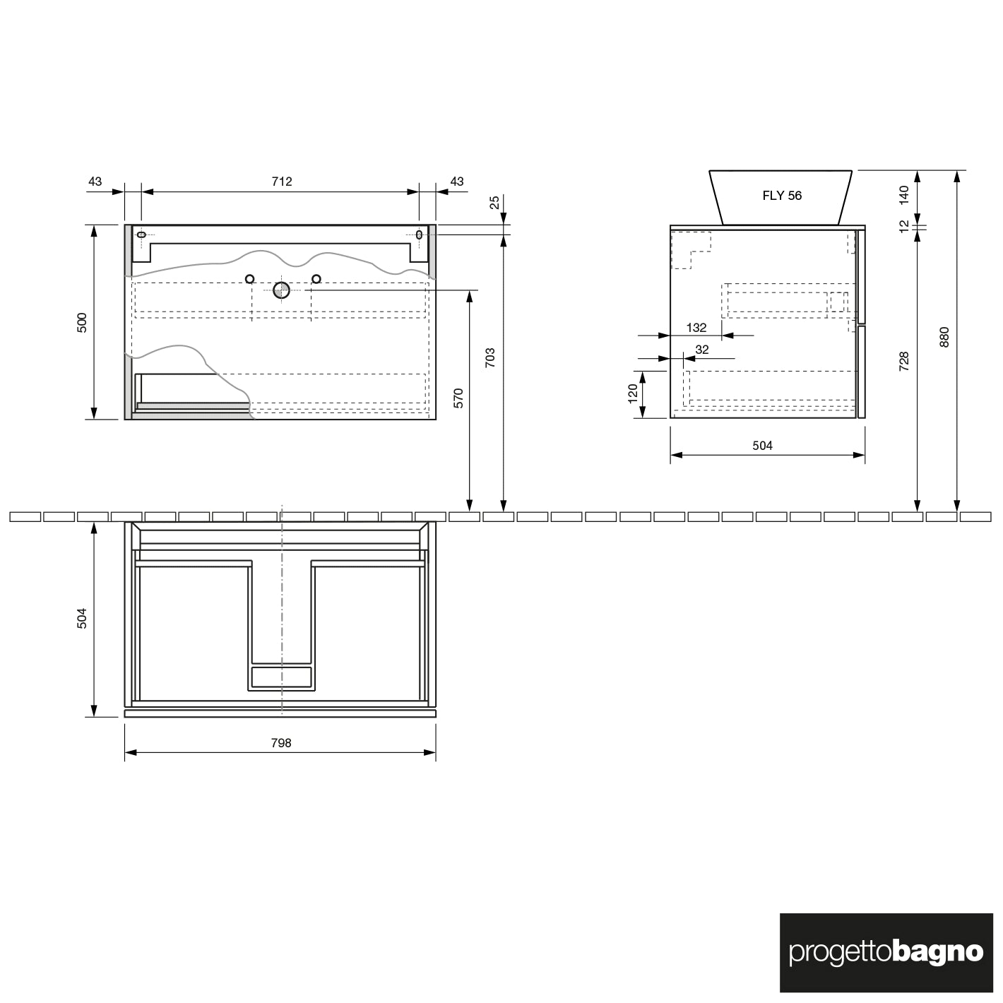 progettobagno Elba Unterschrank 80 cm mit Glasplatte ohne Hahnlochbohrung und FLY 56 Aufsatzwaschtisch