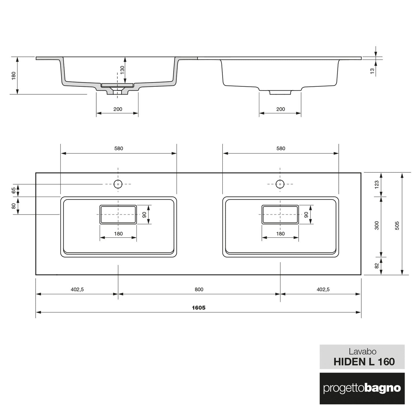 progettobagno Evo 54 Lago Uno Doppel-Waschtisch mit Unterschrank 160 cm