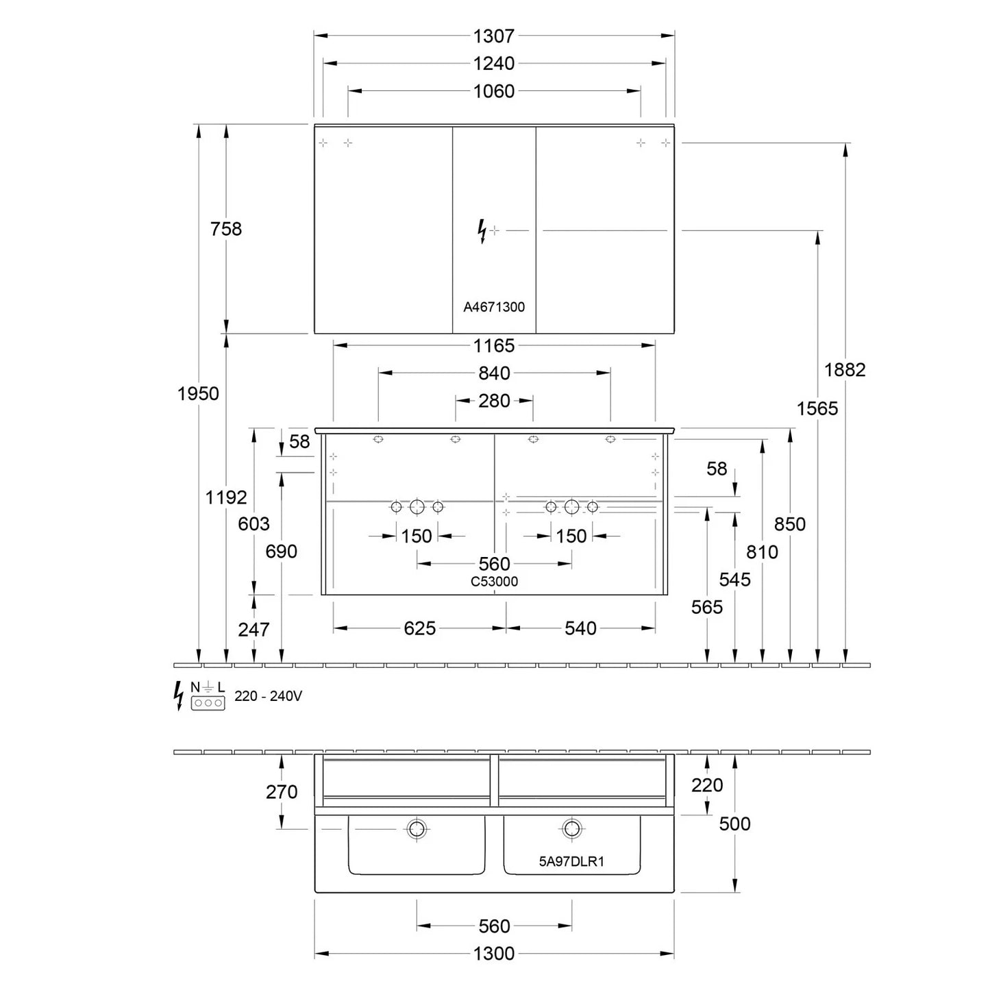 Villeroy & Boch Finero Waschtischunterschrank 130 cm mit Doppelwaschtisch und Spiegelschrank, 4 Auszüge