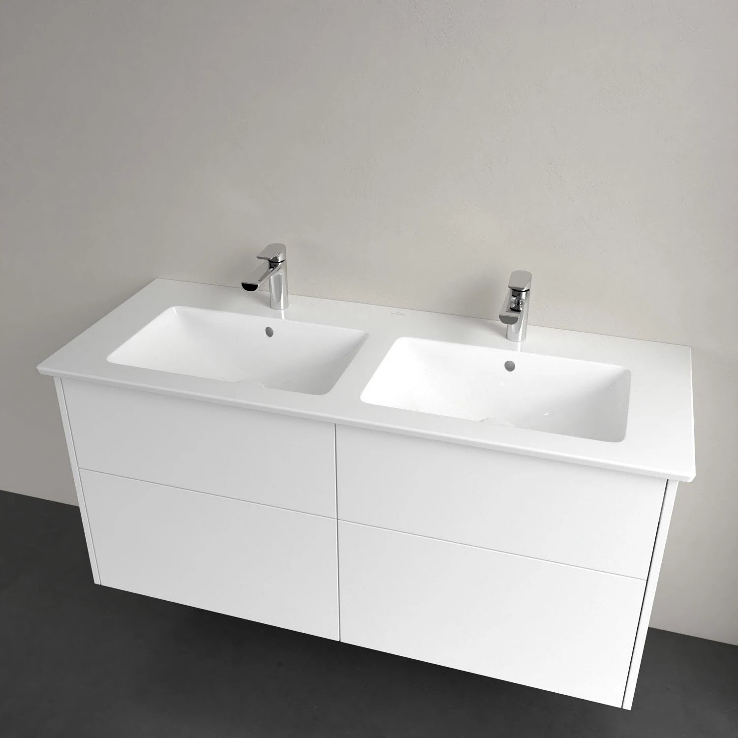 Villeroy & Boch Finero Waschtischunterschrank 130 cm mit Doppelwaschtisch und Spiegelschrank, 4 Auszüge