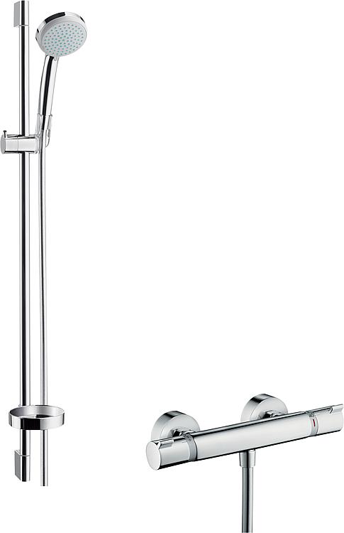 Brausethermostat-Set Hansgrohe Ecostat Comfort Brausestange 650 mm, Handbrause Ø 100 mm und Brauseschlauch chrom