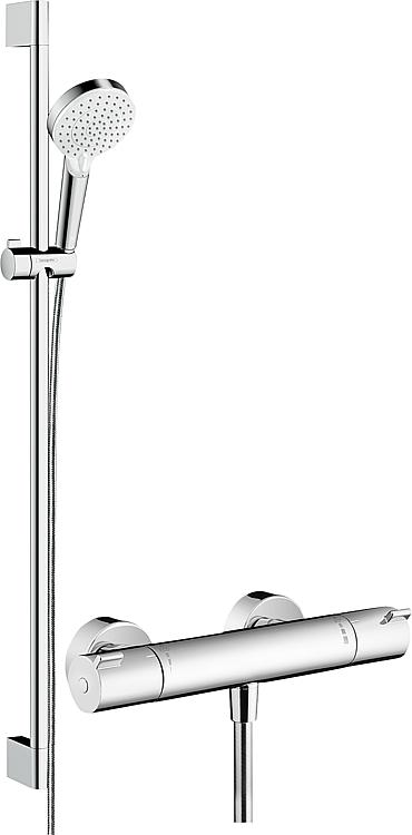 Brausethermostat-Set Hansgrohe Crometta Vario, Ecostat 1001 CL Brausestange 900 mm, Handbrause Ø 100 mm und Brauseschlauch chrom