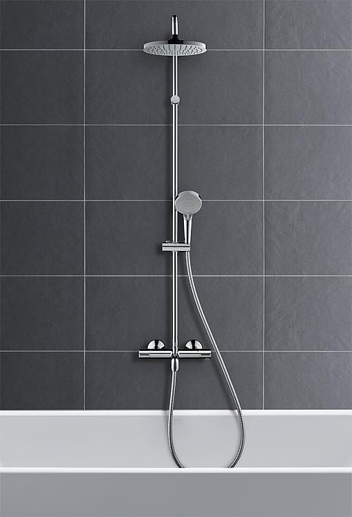 Duschsystem Hansgrohe 200 1jet Vernis Blend Handbrause, Kopfbrause Ø 205 mm und Thermostat chrom