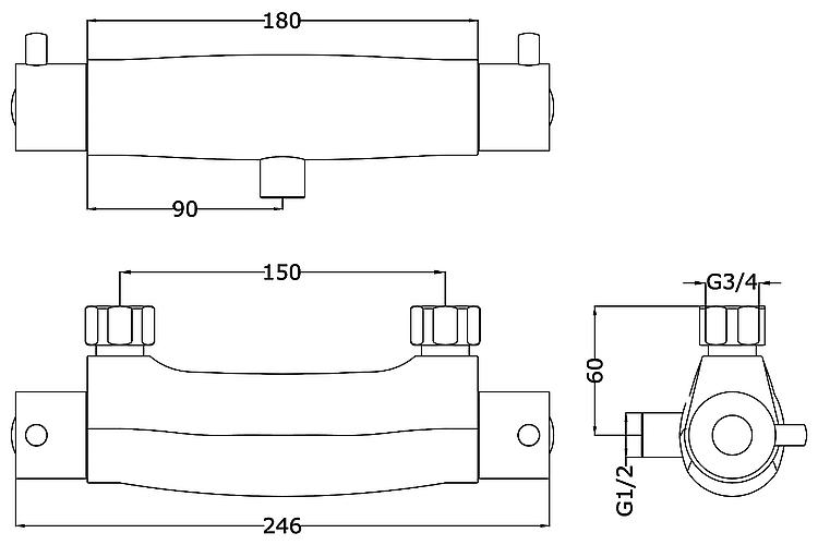 AP-Brausethermostat Brighton Ausladung 108 mm Abgang nach unten chrom